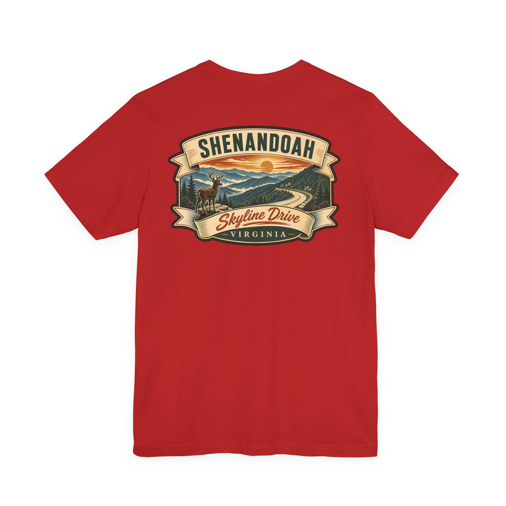 Red crew-neck T-shirt with Skyline Drive Virginia landscape graphic on the back.