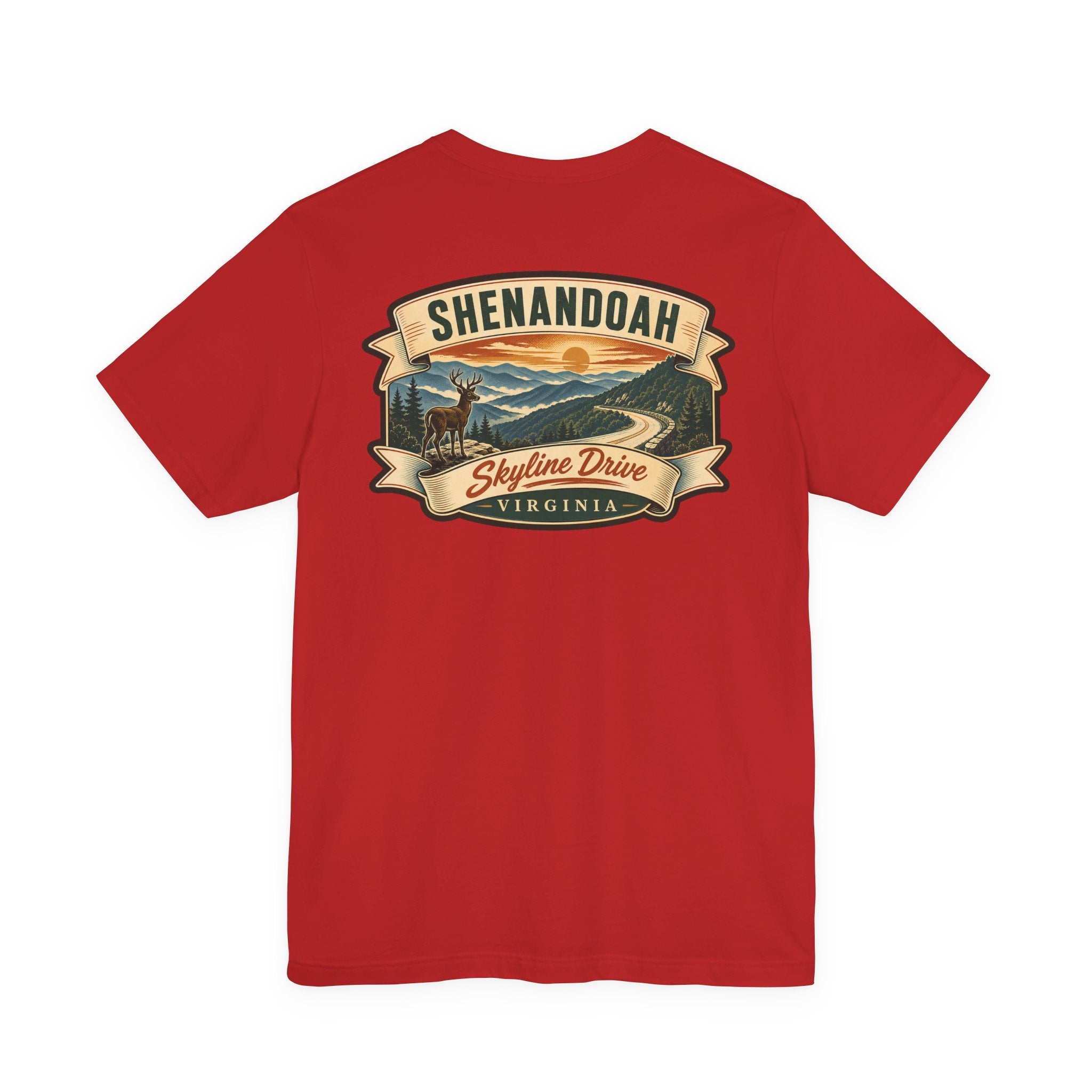 Red crew-neck T-shirt with Skyline Drive Virginia landscape graphic on the back.