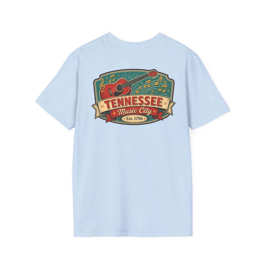 Light blue graphic T-shirt with Tennessee Music City badge and guitar