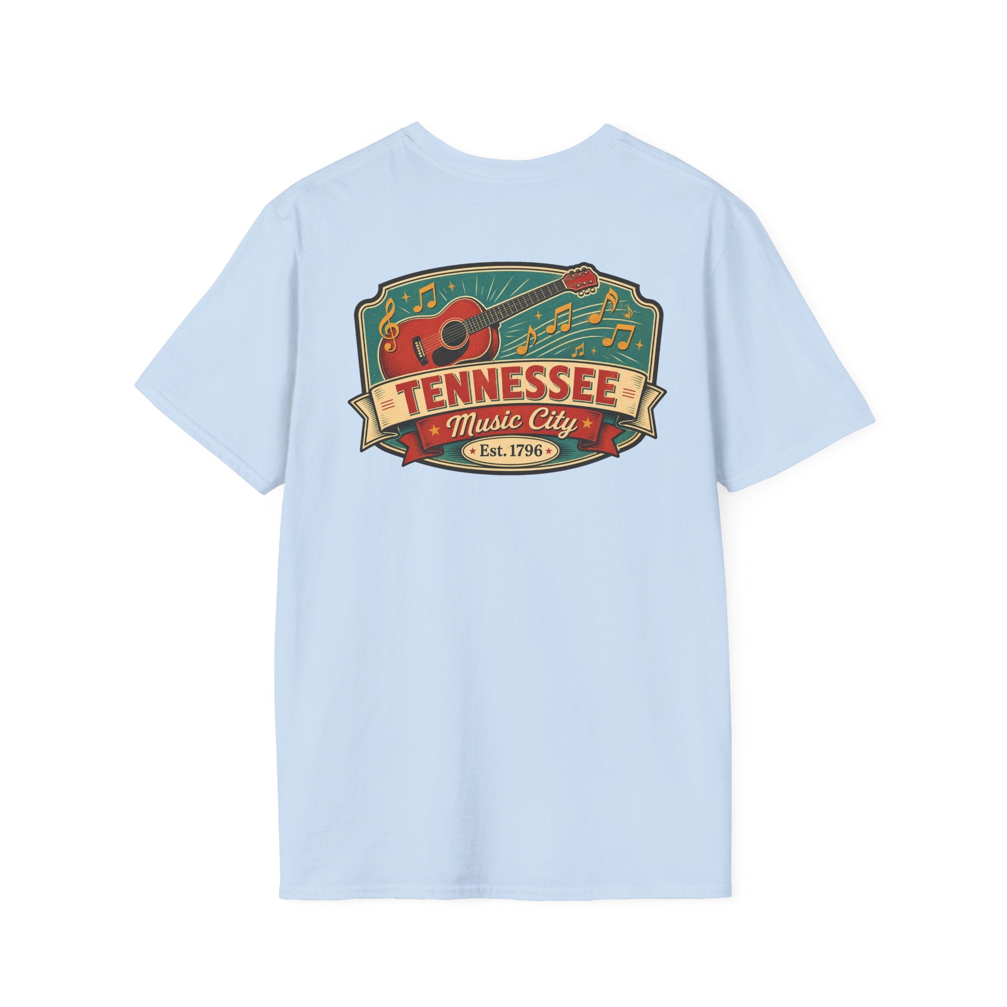 Light blue graphic T-shirt with Tennessee Music City badge and guitar