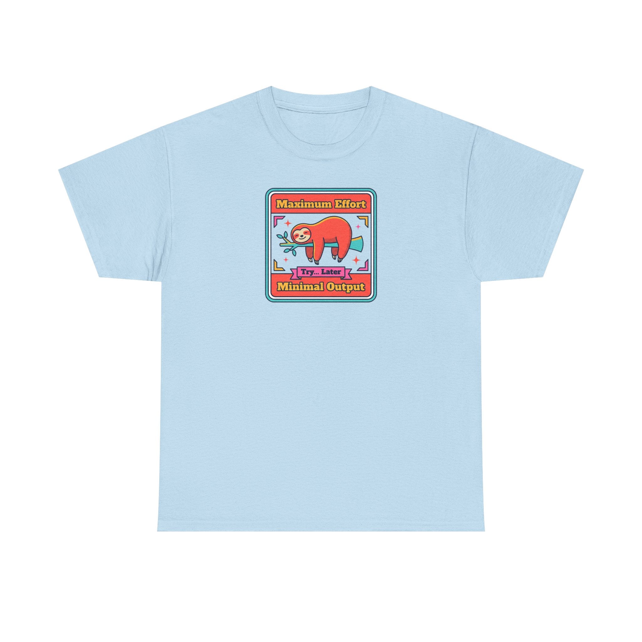Light blue short-sleeve T-shirt with colorful sloth graphic chest print