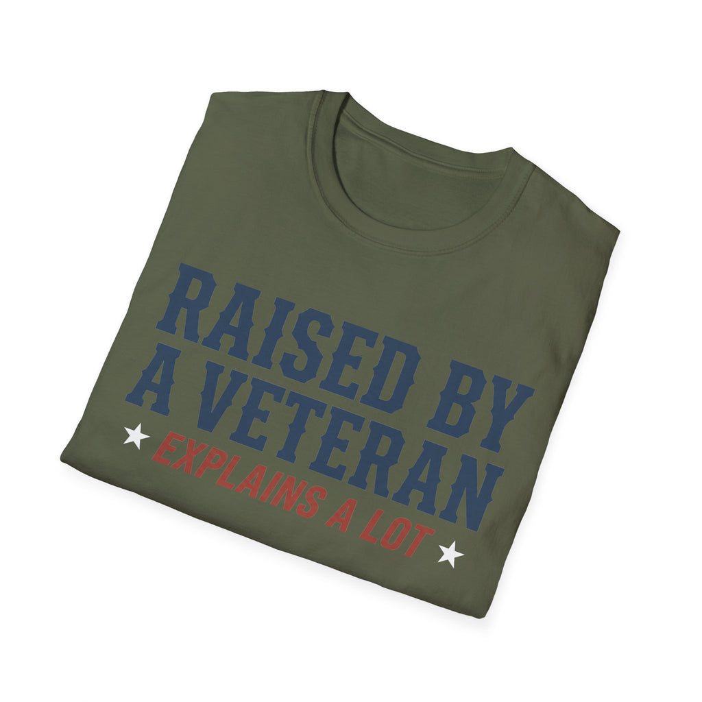 Printed crewneck T-shirt in military green with blue and red slogan graphic