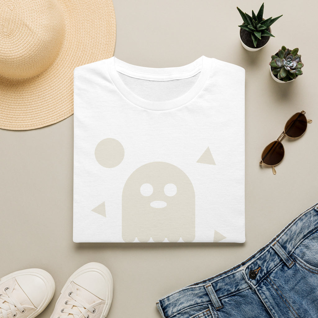 White T-shirt with pale ghost face and small accent shapes on the front