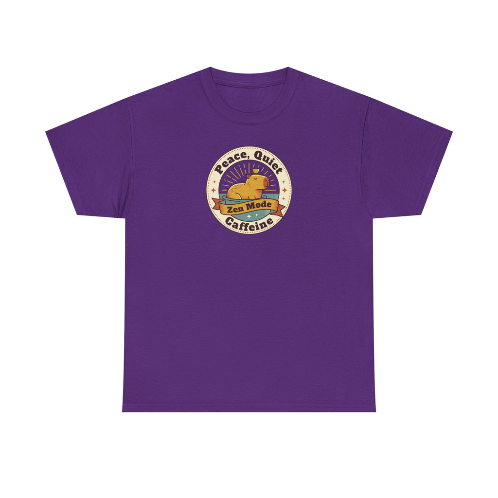 Purple crew neck T-shirt with Peace Quiet Caffeine Zen Mode circular emblem
