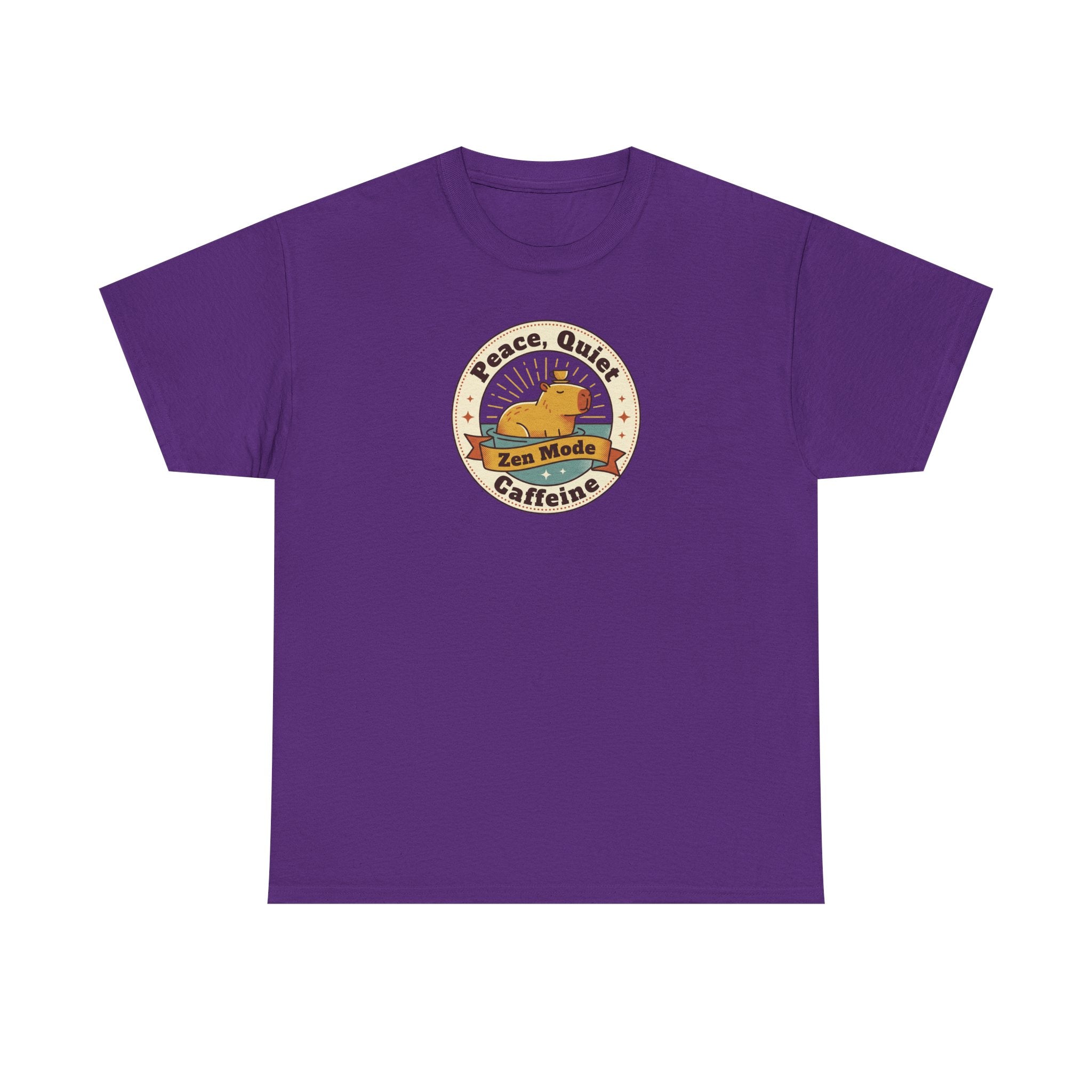 Purple crew neck T-shirt with Peace Quiet Caffeine Zen Mode circular emblem