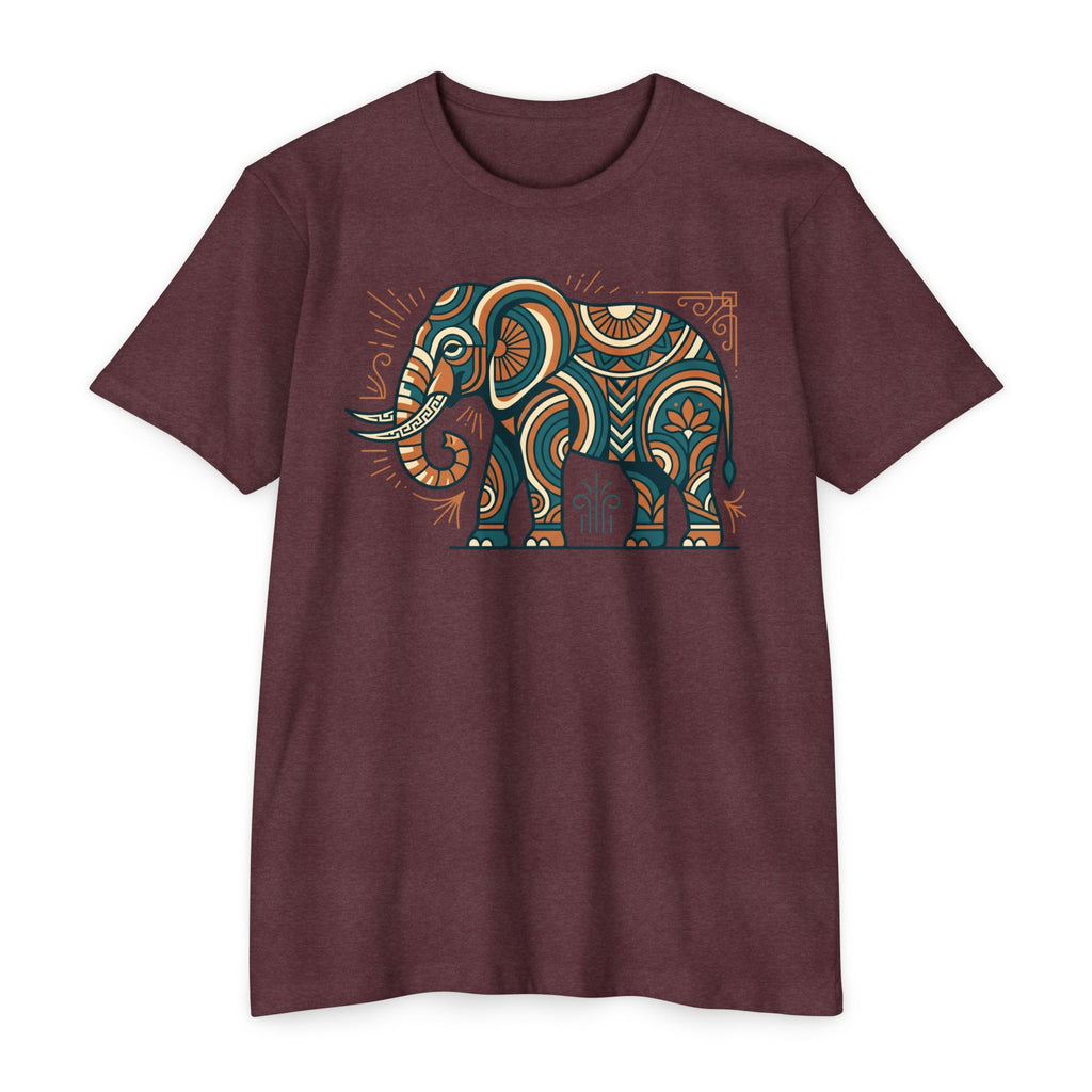 Dark brown crewneck short-sleeve T-shirt with colorful paisley elephant graphic on chest