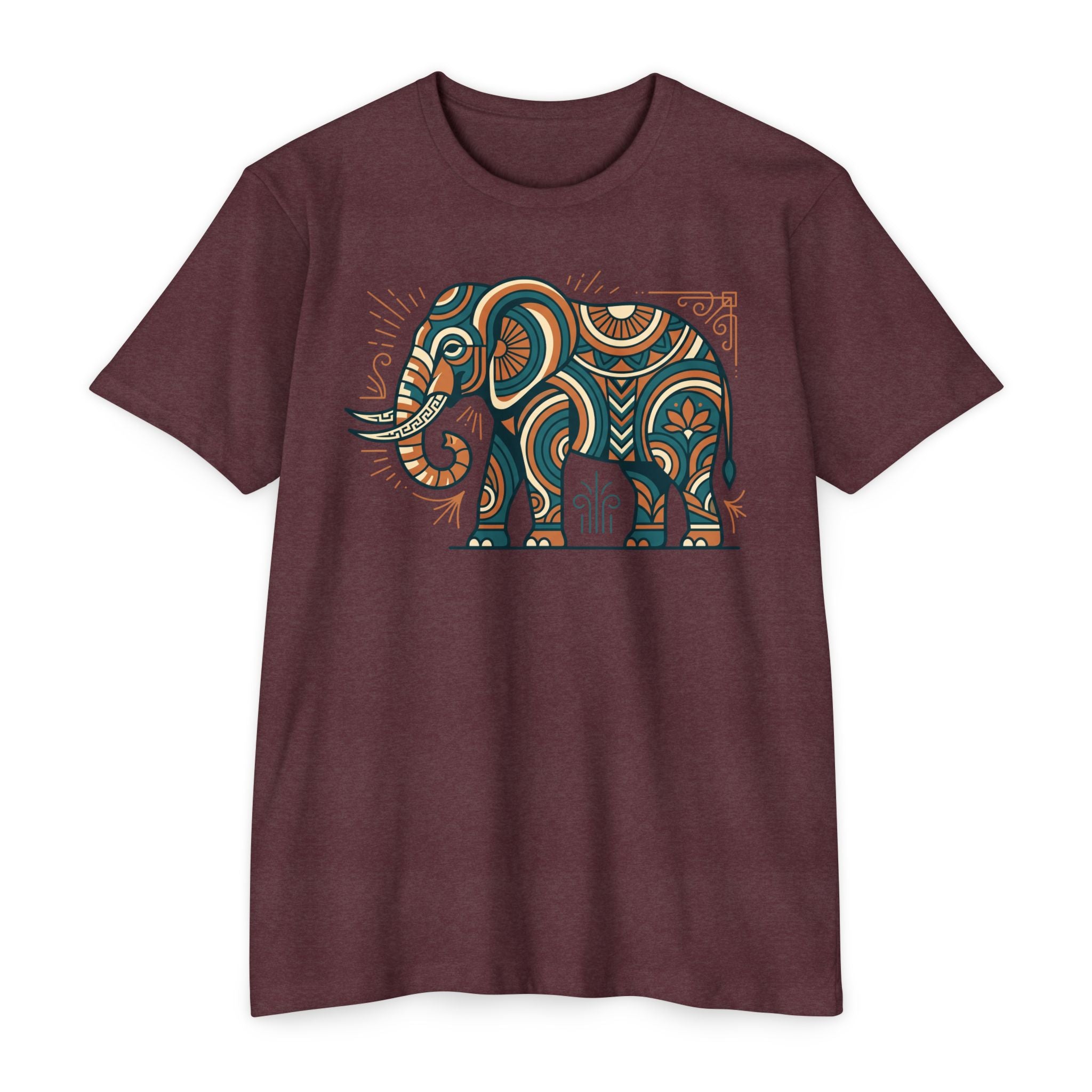 Dark brown crewneck short-sleeve T-shirt with colorful paisley elephant graphic on chest