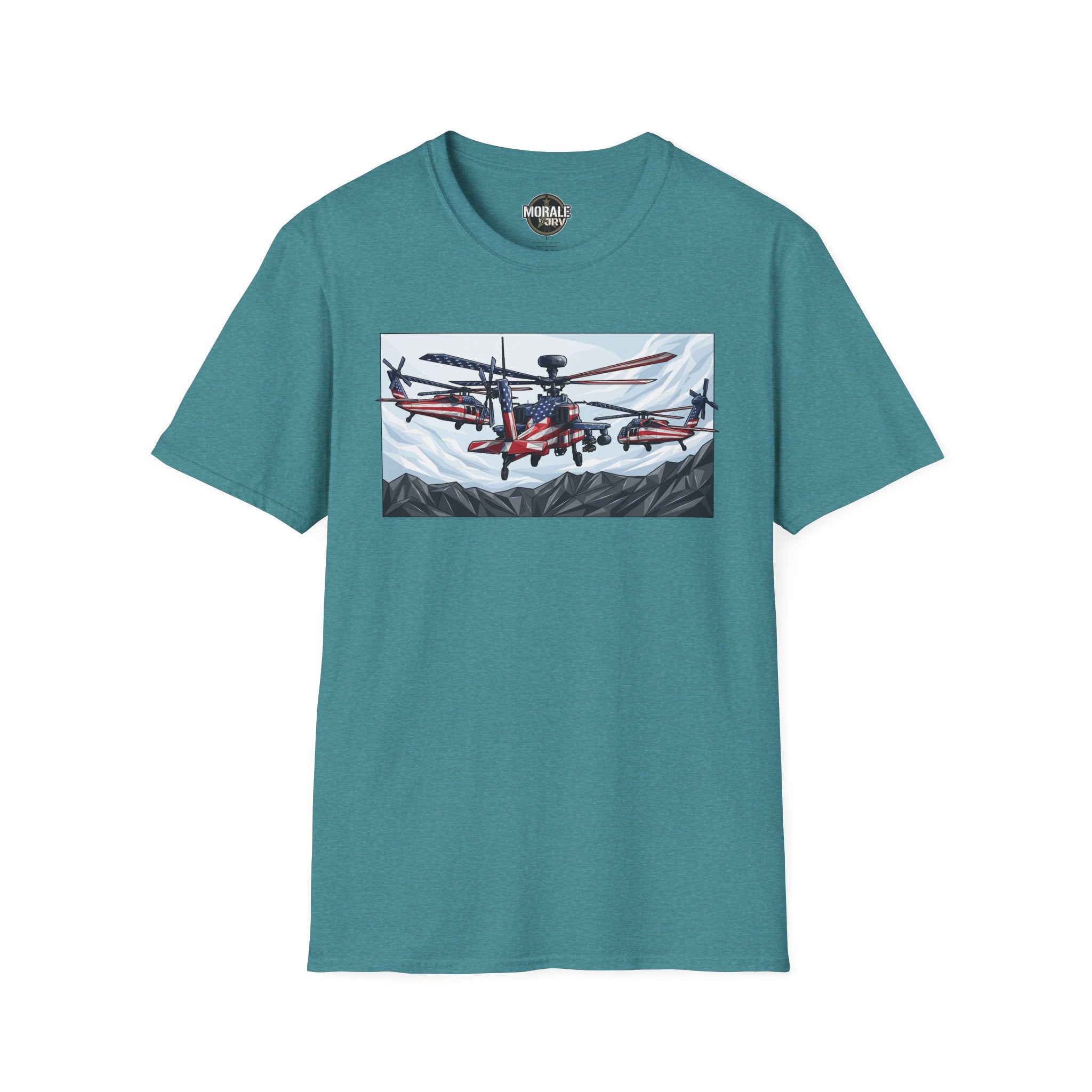 Teal T-shirt with attack helicopter graphic on chest