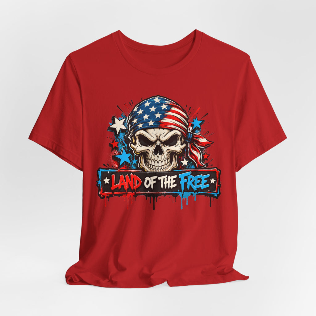 Red crewneck T-shirt with patriotic skull and flag graphic, “Land of the Free” text