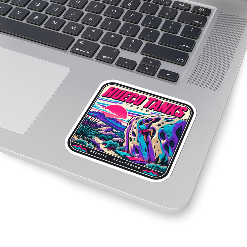 Vivid climbing sticker with Hueco Tanks Texas branding, purple mountains, and a rock climber graphic