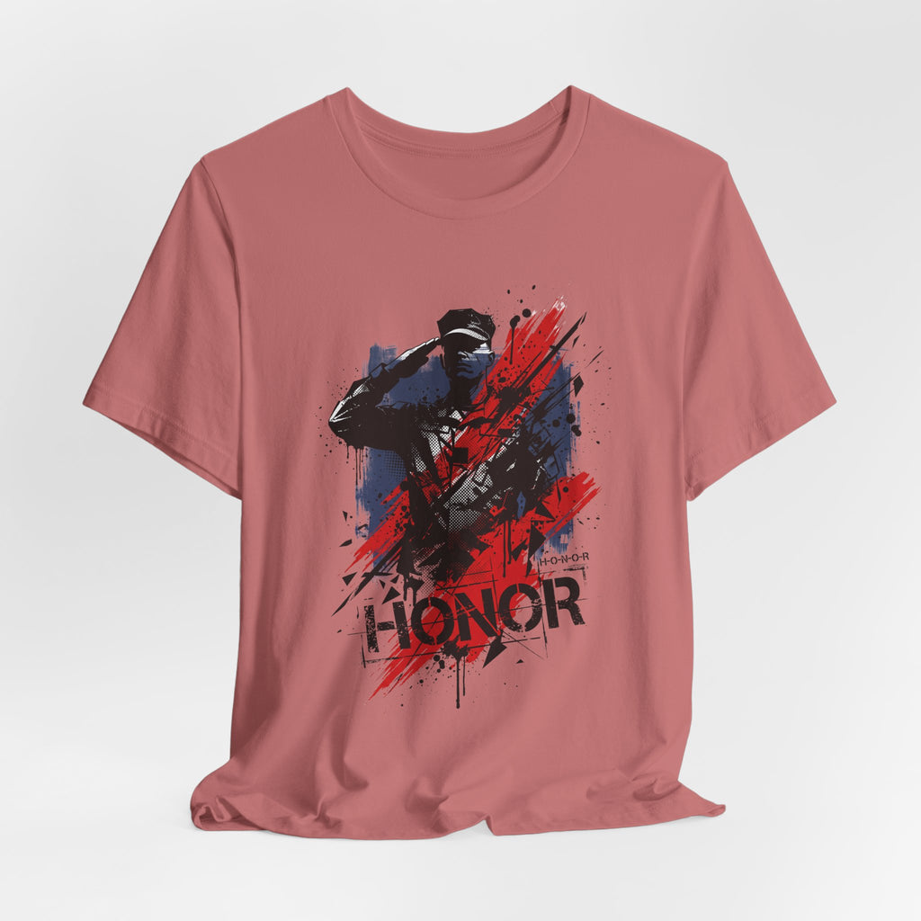 Rose pink T-shirt featuring a soldier silhouette front graphic with red and blue splatter