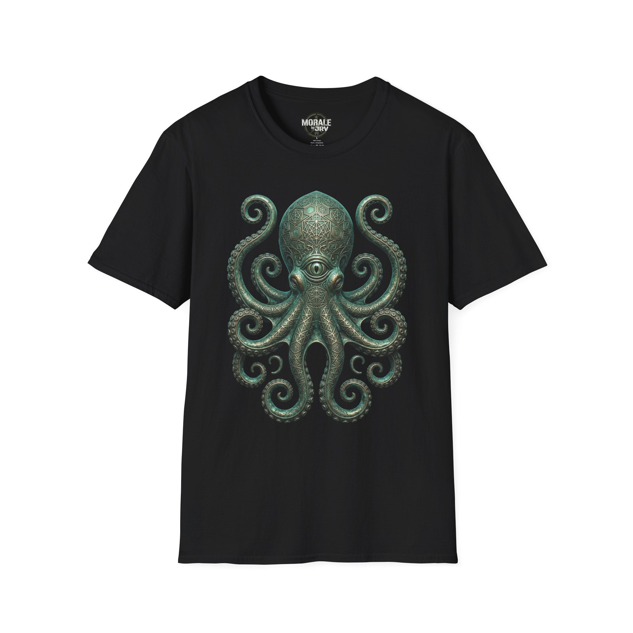 Kraken-Octopus T-Shirt auf schwarzem Stoff, grünes Printmotiv vorne