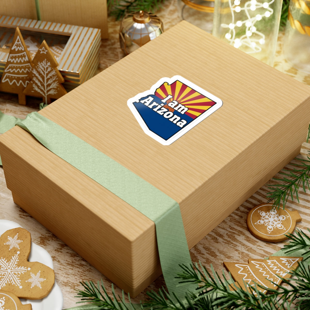 Sticker on wrapped gift box: 'I am Arizona' Arizona-shaped decal with AZ flag
