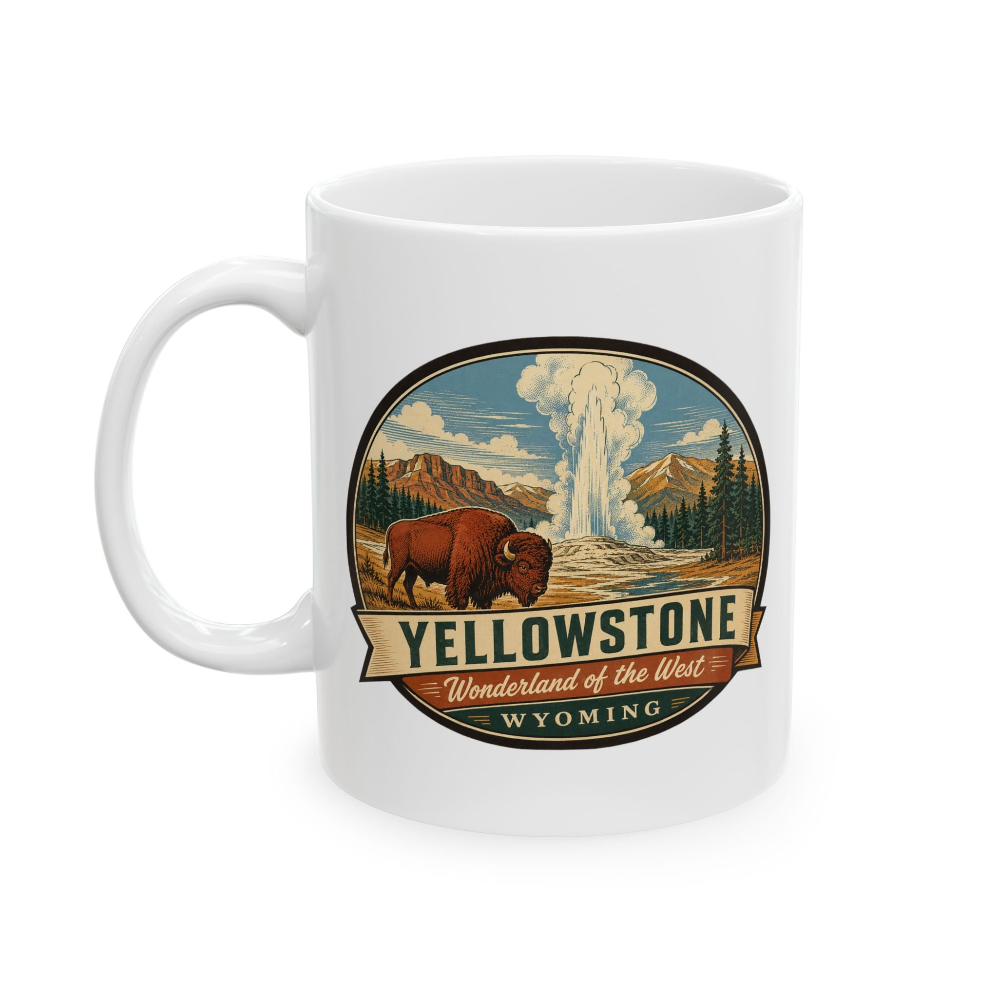 White ceramic mug with Yellowstone buffalo and geyser badge, white handle visible