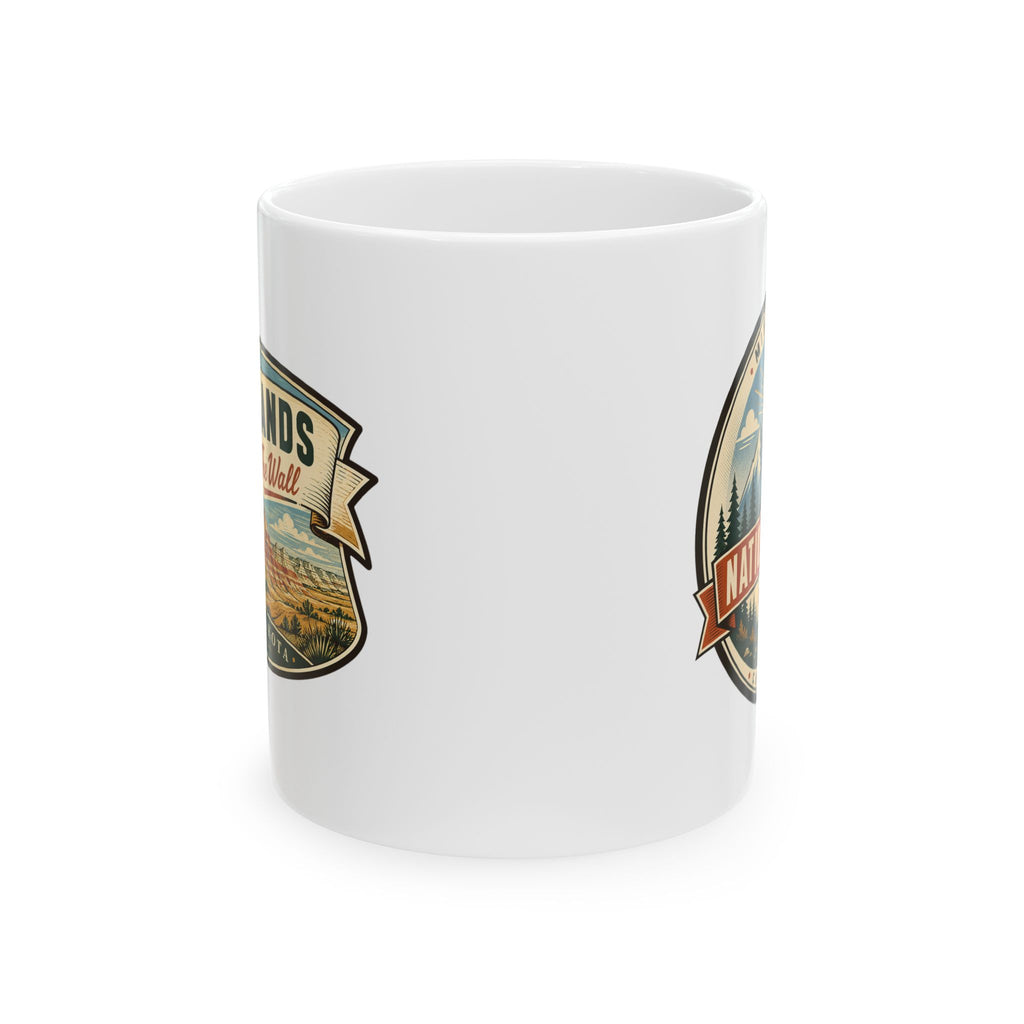 White ceramic mug with partial Badlands The Wall logo on the side