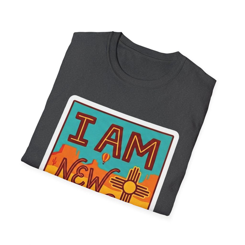 Sport grey T-shirt featuring colorful I AM NM text and Zia sun graphic on front
