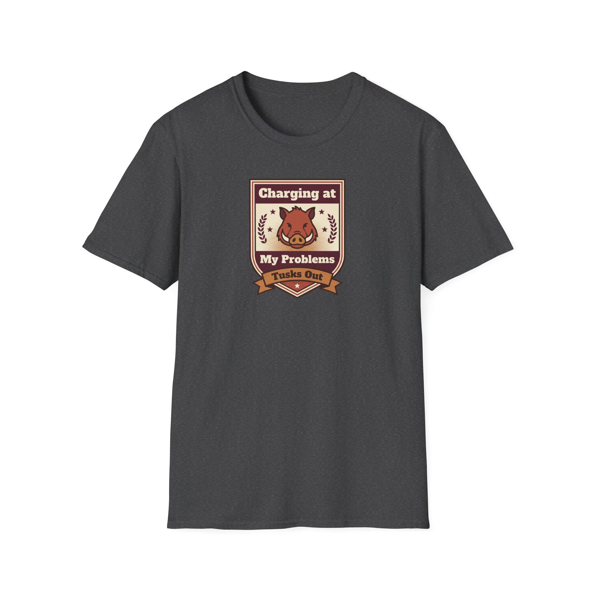 Charcoal gray crew-neck T-shirt with boar graphic crest on the chest.