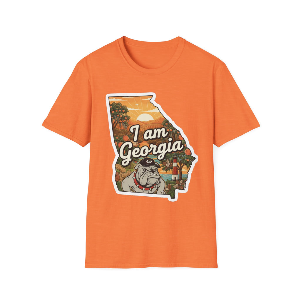 Orange T-shirt with “I am Georgia” bulldog state map sunset graphic