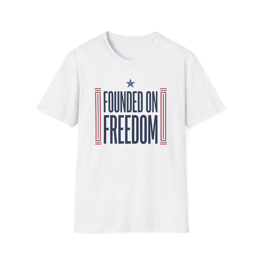 White graphic T-shirt front with "Founded on Freedom" text and red-blue stripes