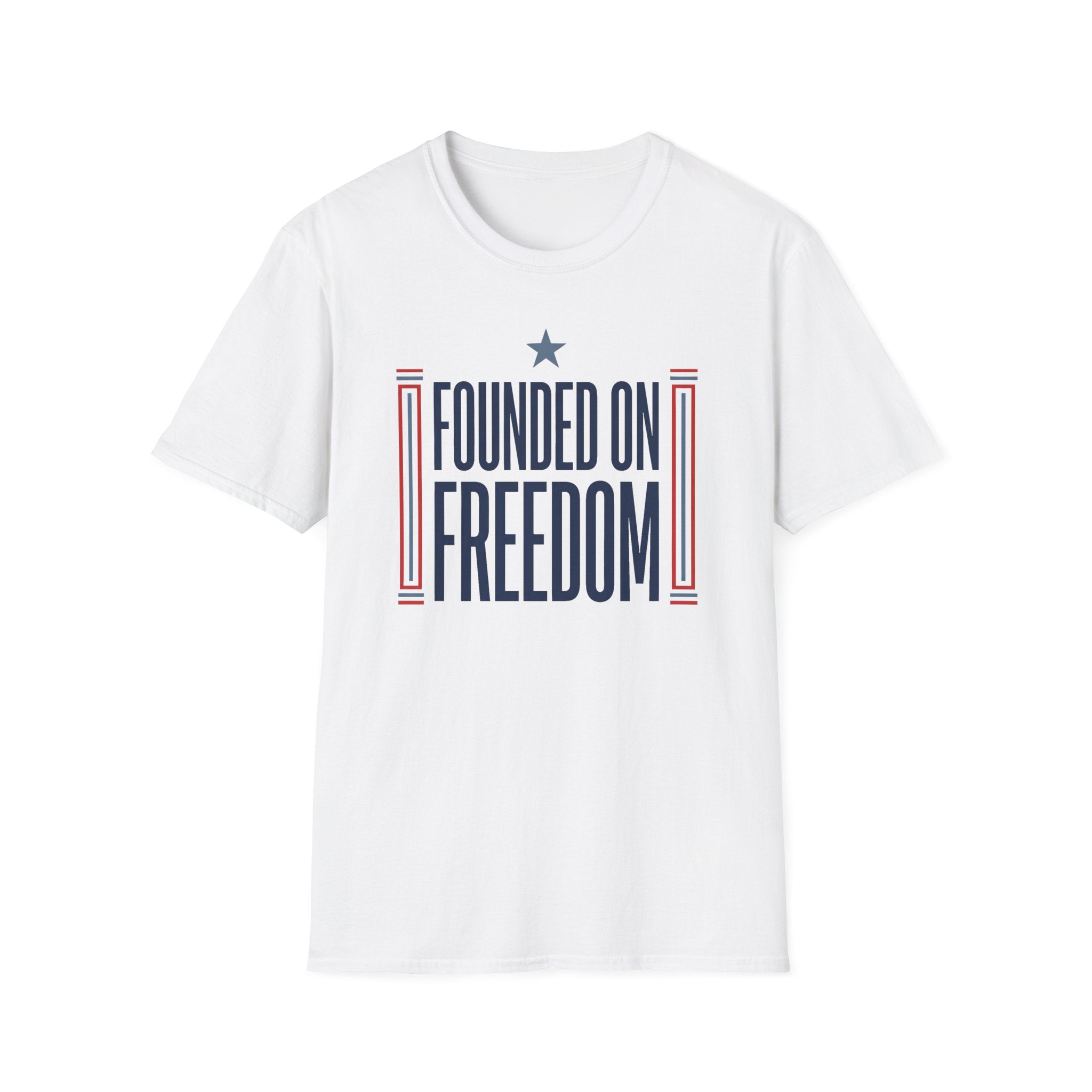 White graphic T-shirt front with "Founded on Freedom" text and red-blue stripes