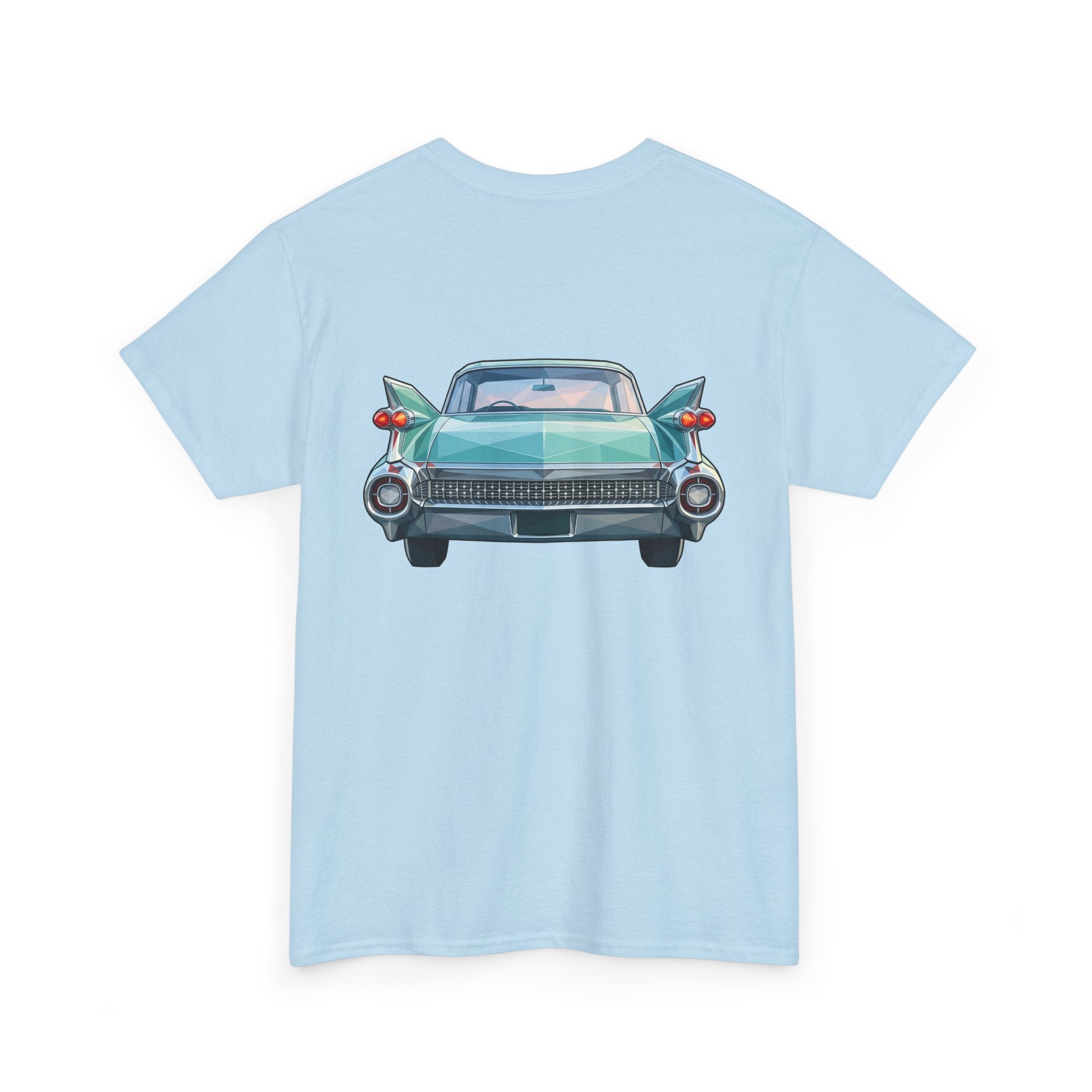 Light blue t-shirt with teal classic car front illustration, centered