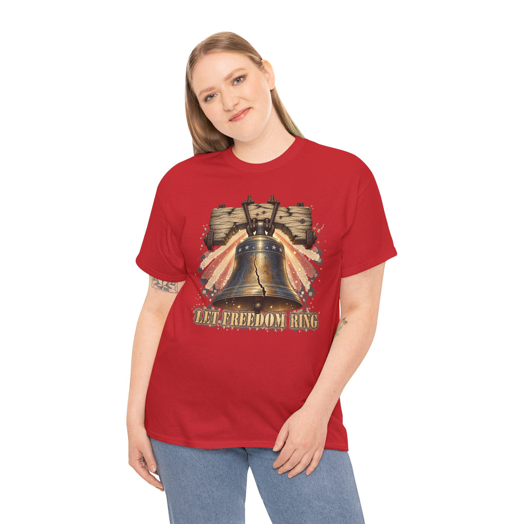 Red short-sleeve t-shirt worn by model; liberty bell front graphic