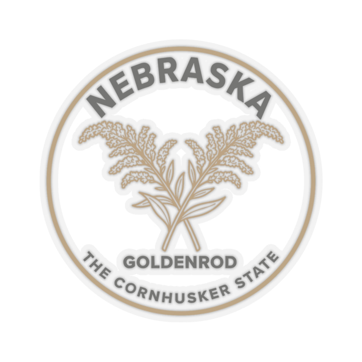 Circular transparent vinyl sticker, Nebraska goldenrod emblem in tan and cream