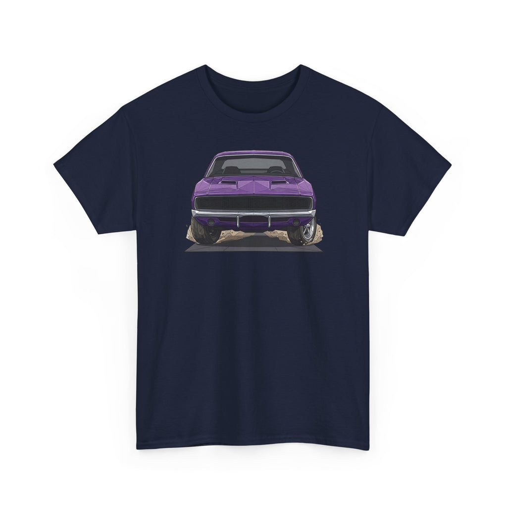 Dark navy T-shirt with retro muscle car graphic on front