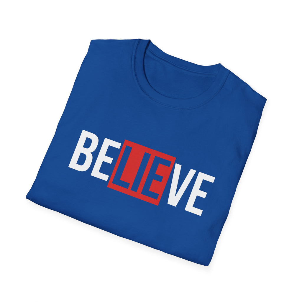 Royal blue statement tee with bold 'BELIEVE' text graphic