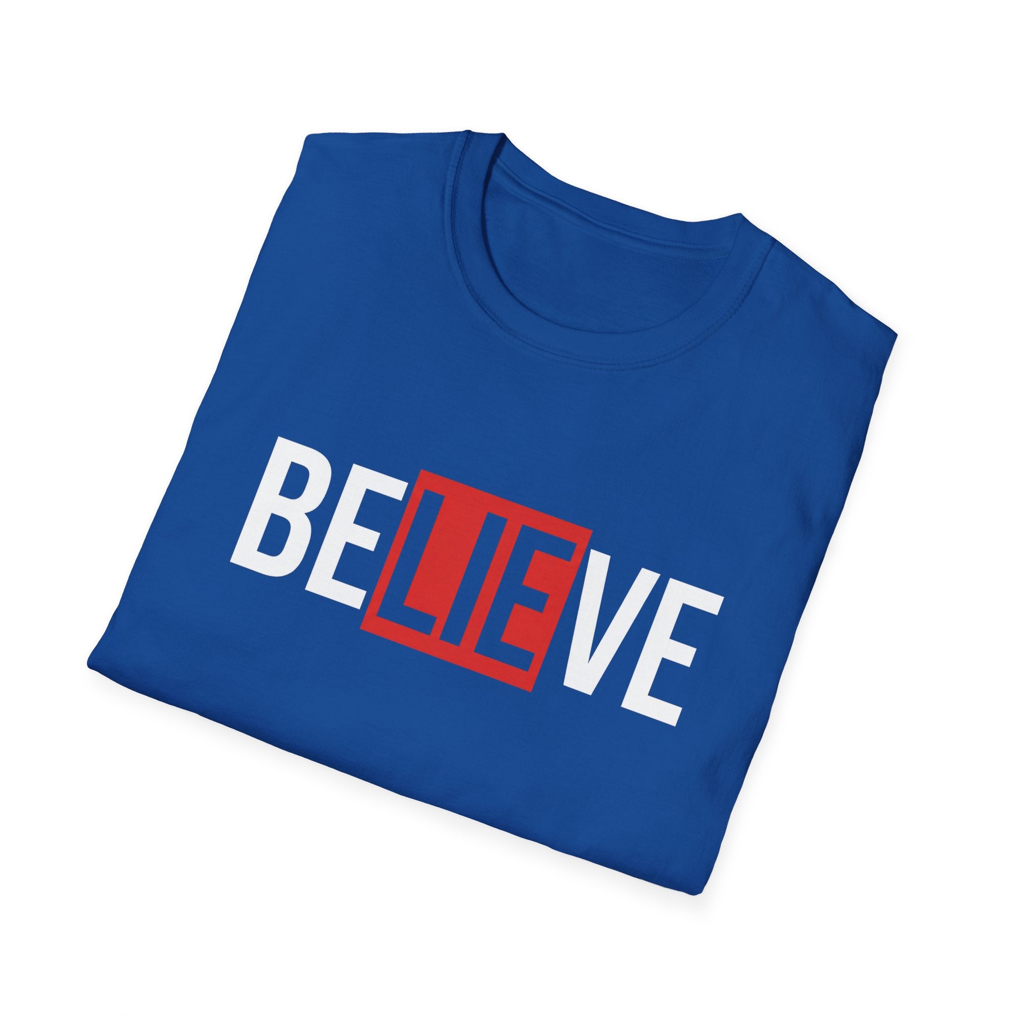 Royal blue statement tee with bold 'BELIEVE' text graphic