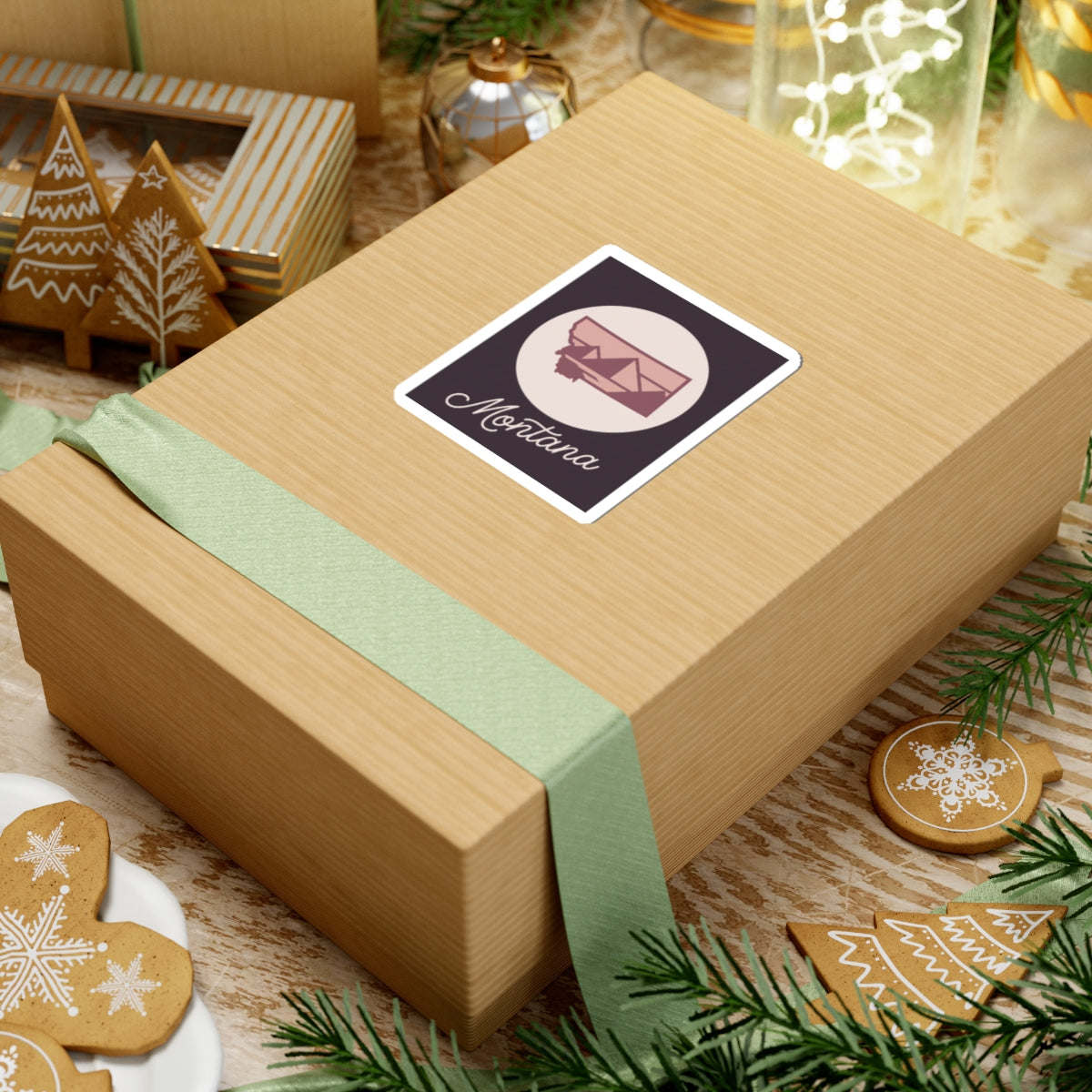 Montana decal sticker on gift box lid with state outline, mountains, and “Montana”