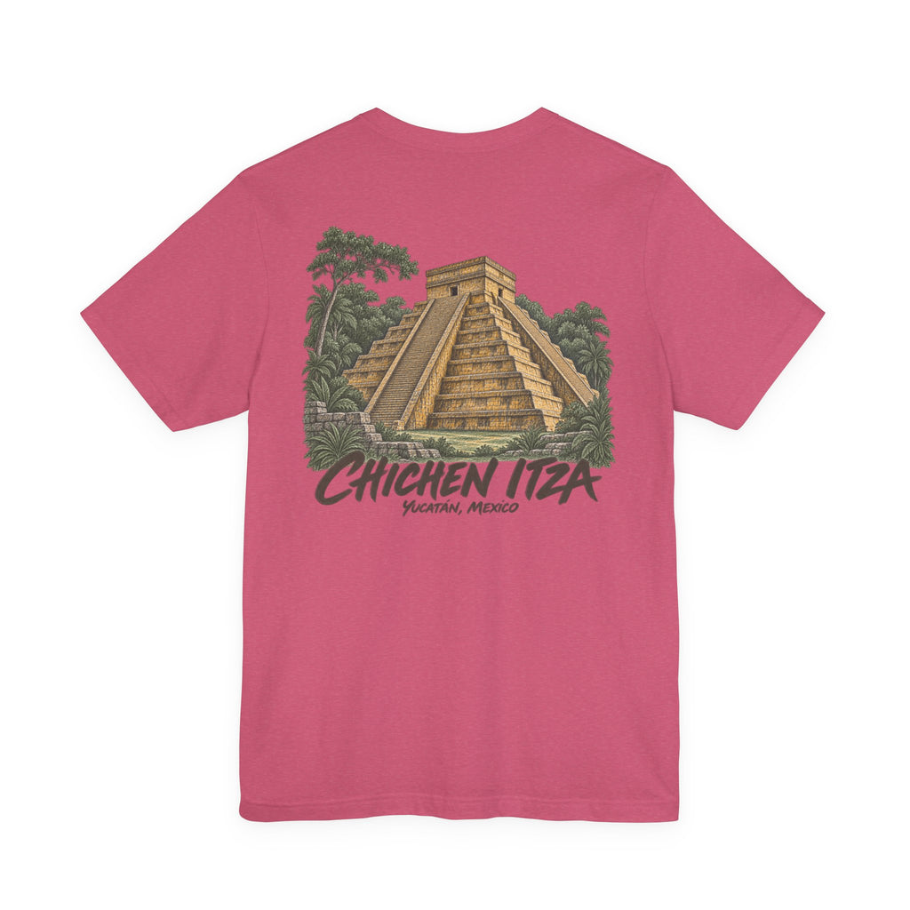 Pink travel T-shirt with Chichen Itza pyramid and palm tree back design