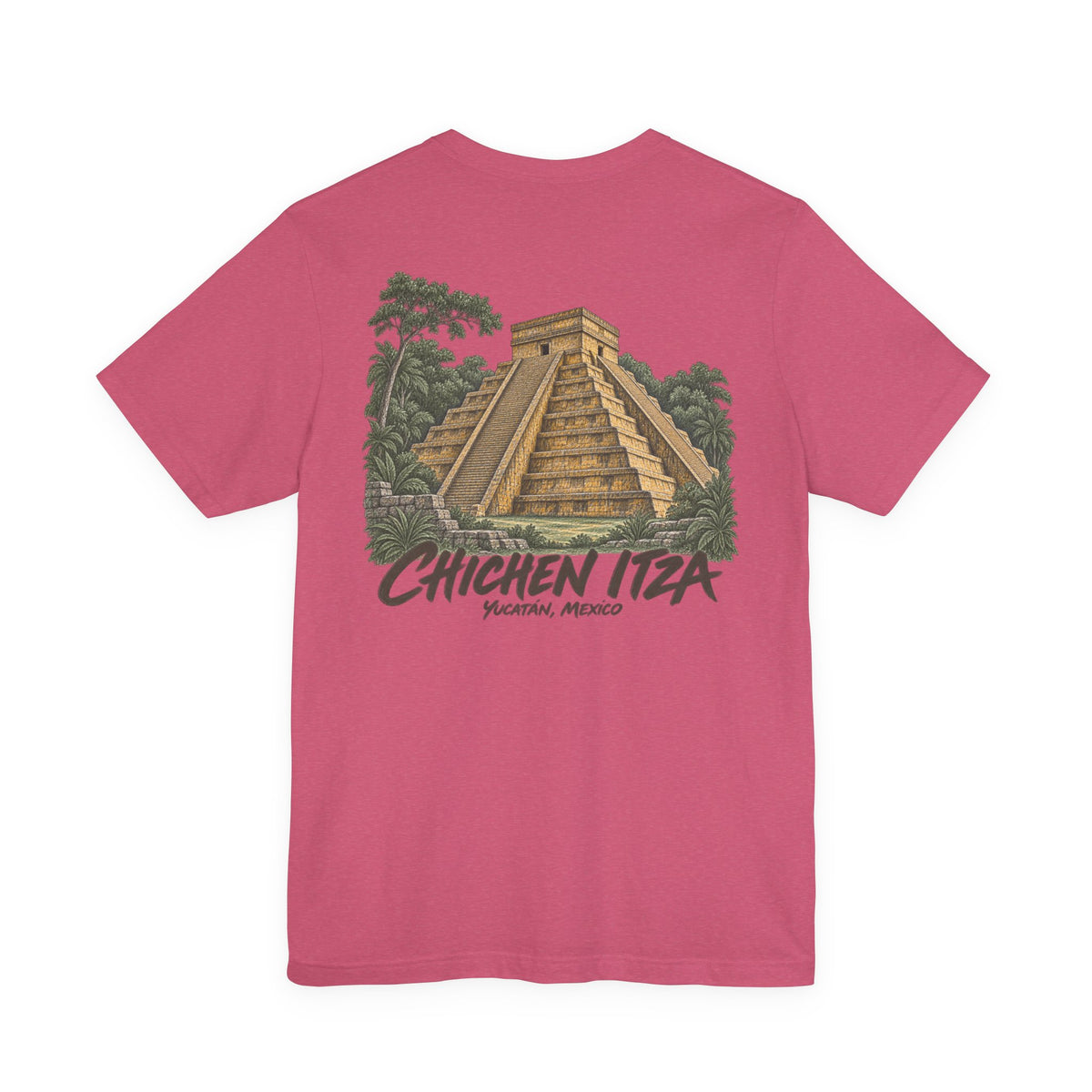Pink travel T-shirt with Chichen Itza pyramid and palm tree back design
