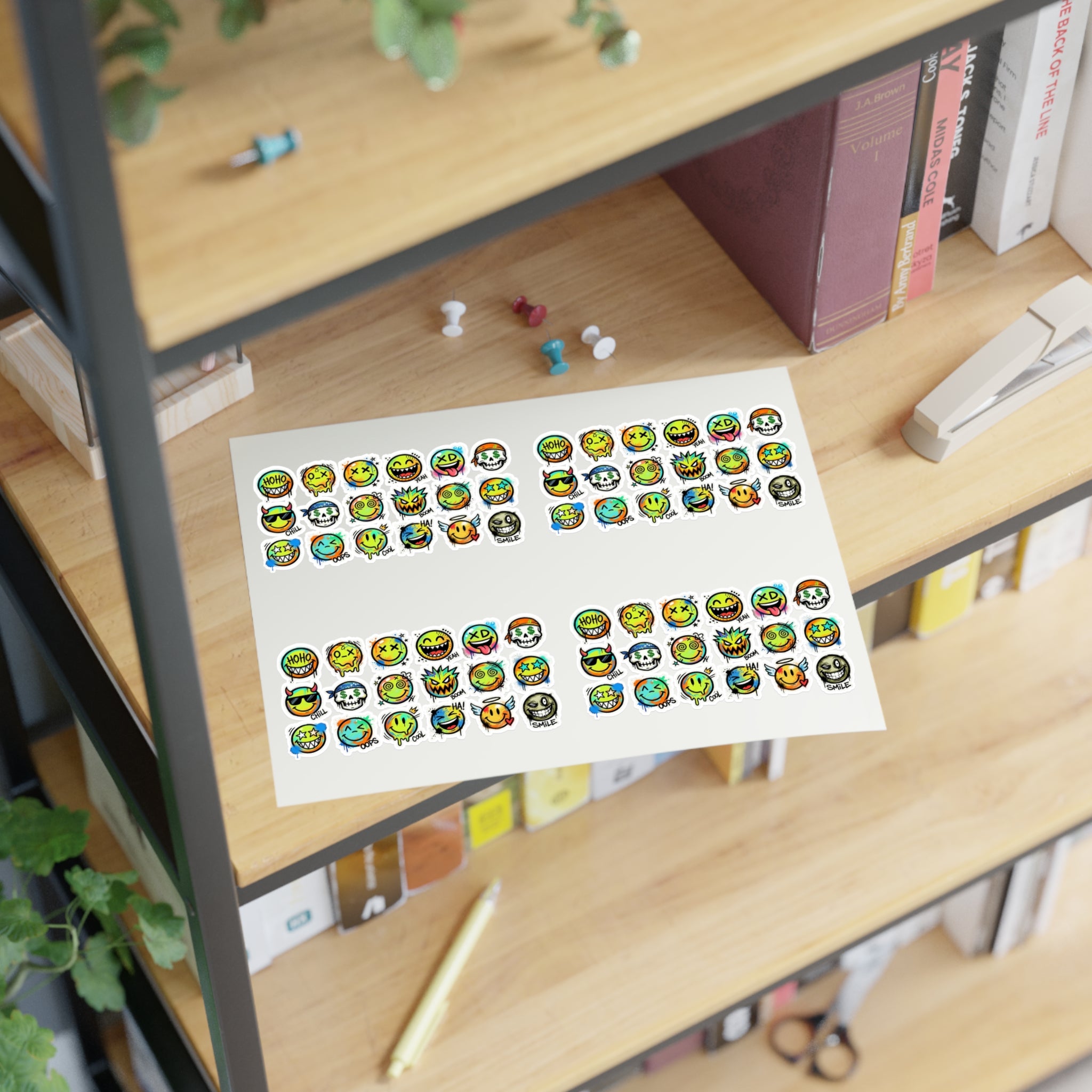 Emoji face sticker sheet on desk shelf, rows of die-cut funny faces