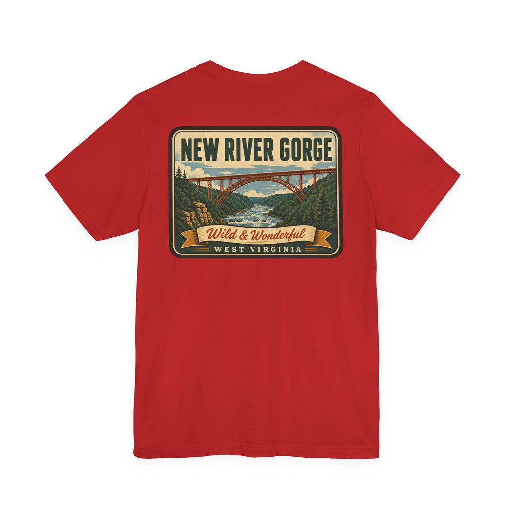 Red T-shirt with large New River Gorge bridge landscape back print
