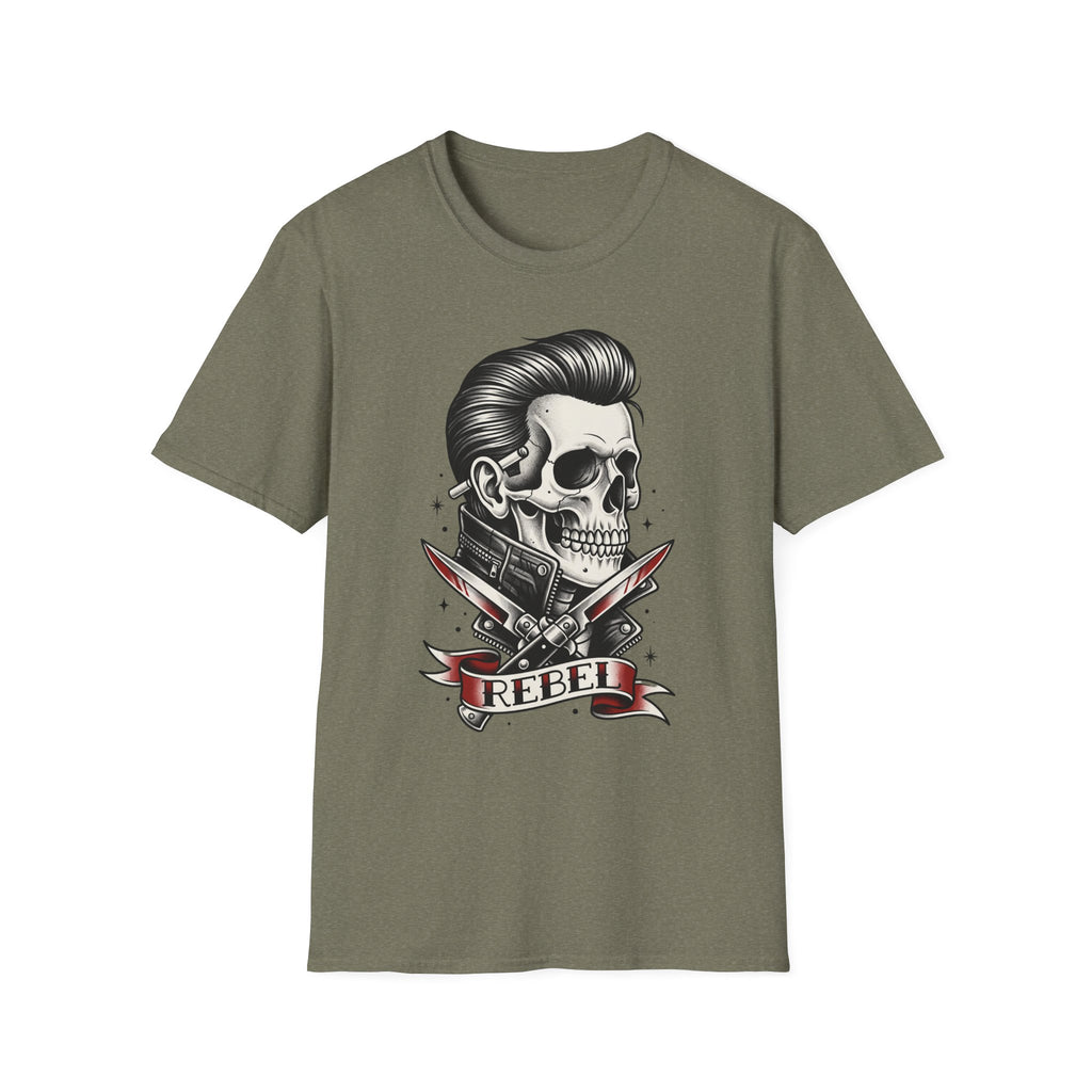 Rockabilly Rebel skeleton T-shirt, military green; pompadour skull with razors tattoo art
