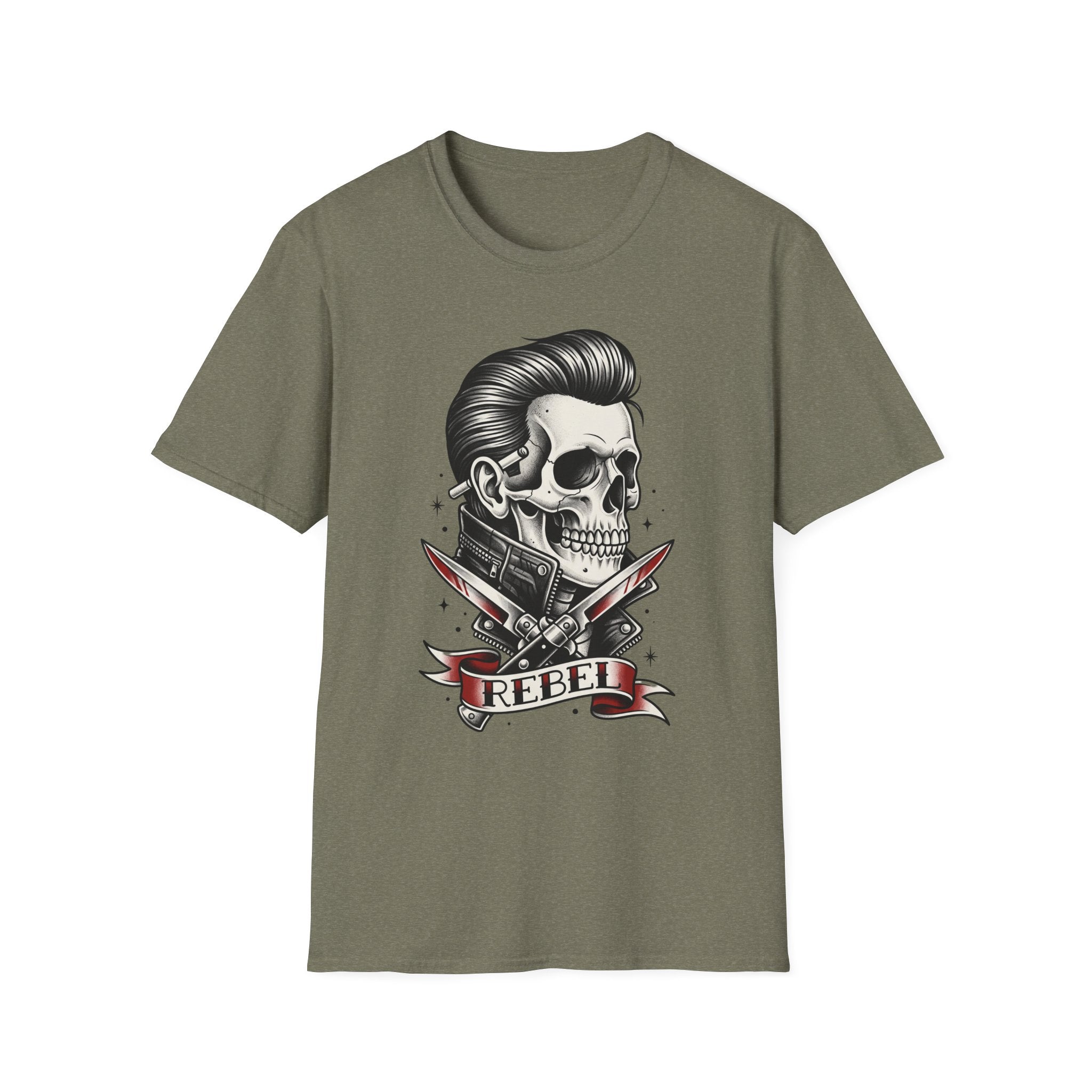 Rockabilly Rebel skeleton T-shirt, military green; pompadour skull with razors tattoo art