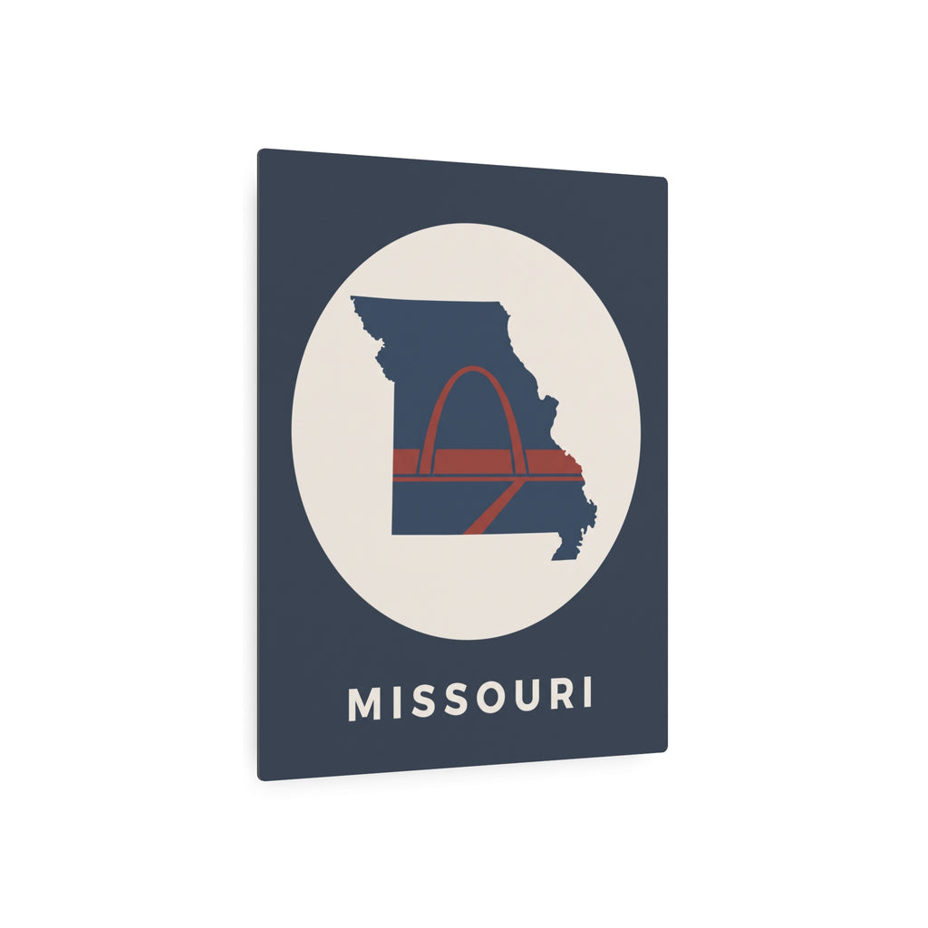 Missouri metal map art sign, blue square with circular state silhouette and red arch