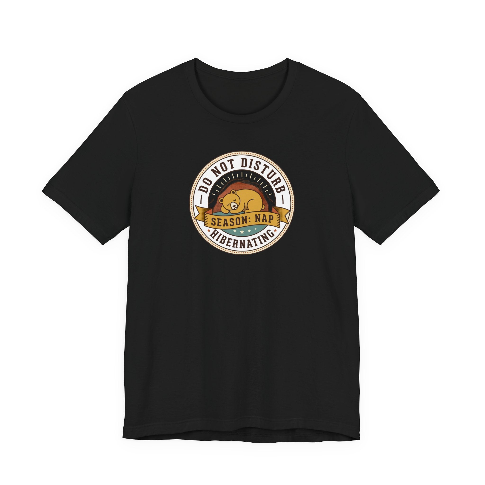Black T-shirt with hibernating bear "Do Not Disturb" circular graphic on chest