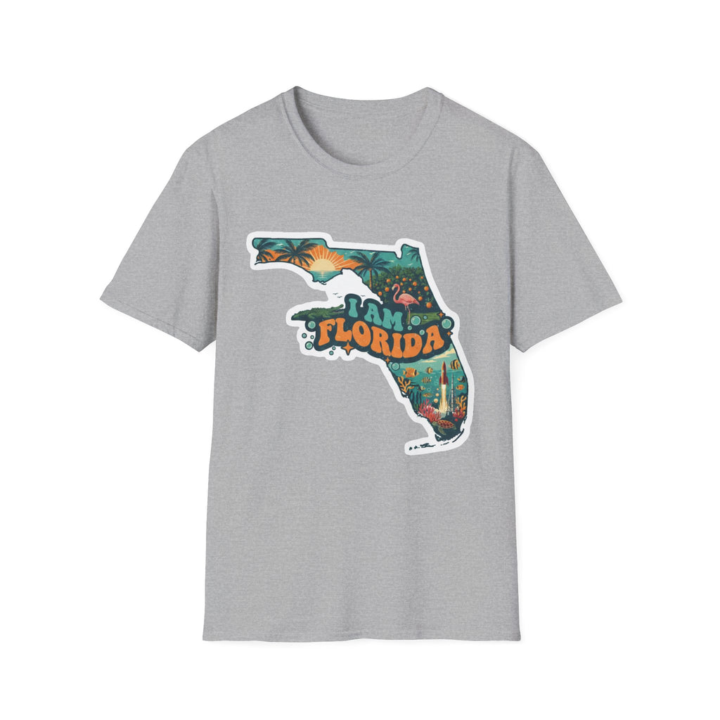 Heather grey T-shirt with “Florida” tropical sunset map graphic on the front