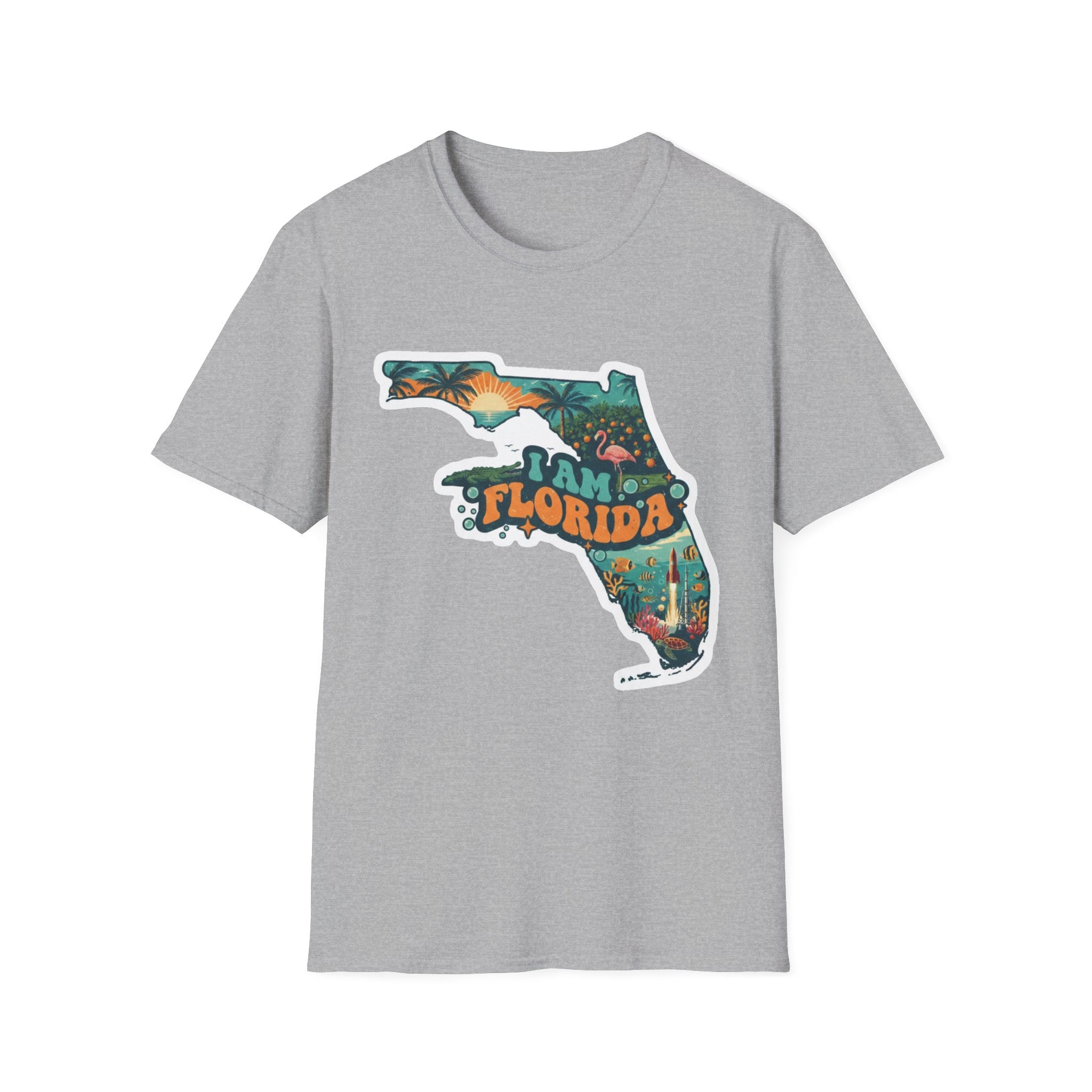 Heather grey T-shirt with “Florida” tropical sunset map graphic on the front