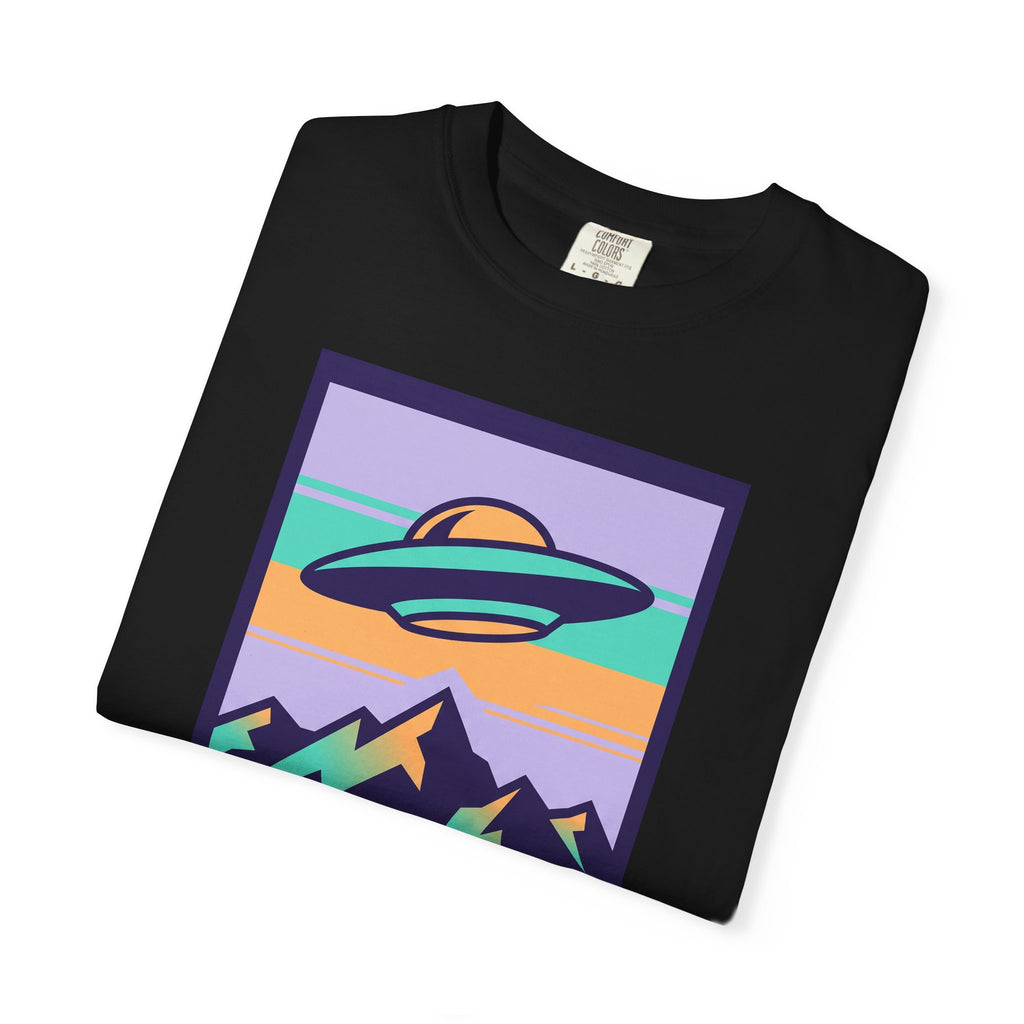 Black T-shirt with retro UFO and space landscape graphic on the chest