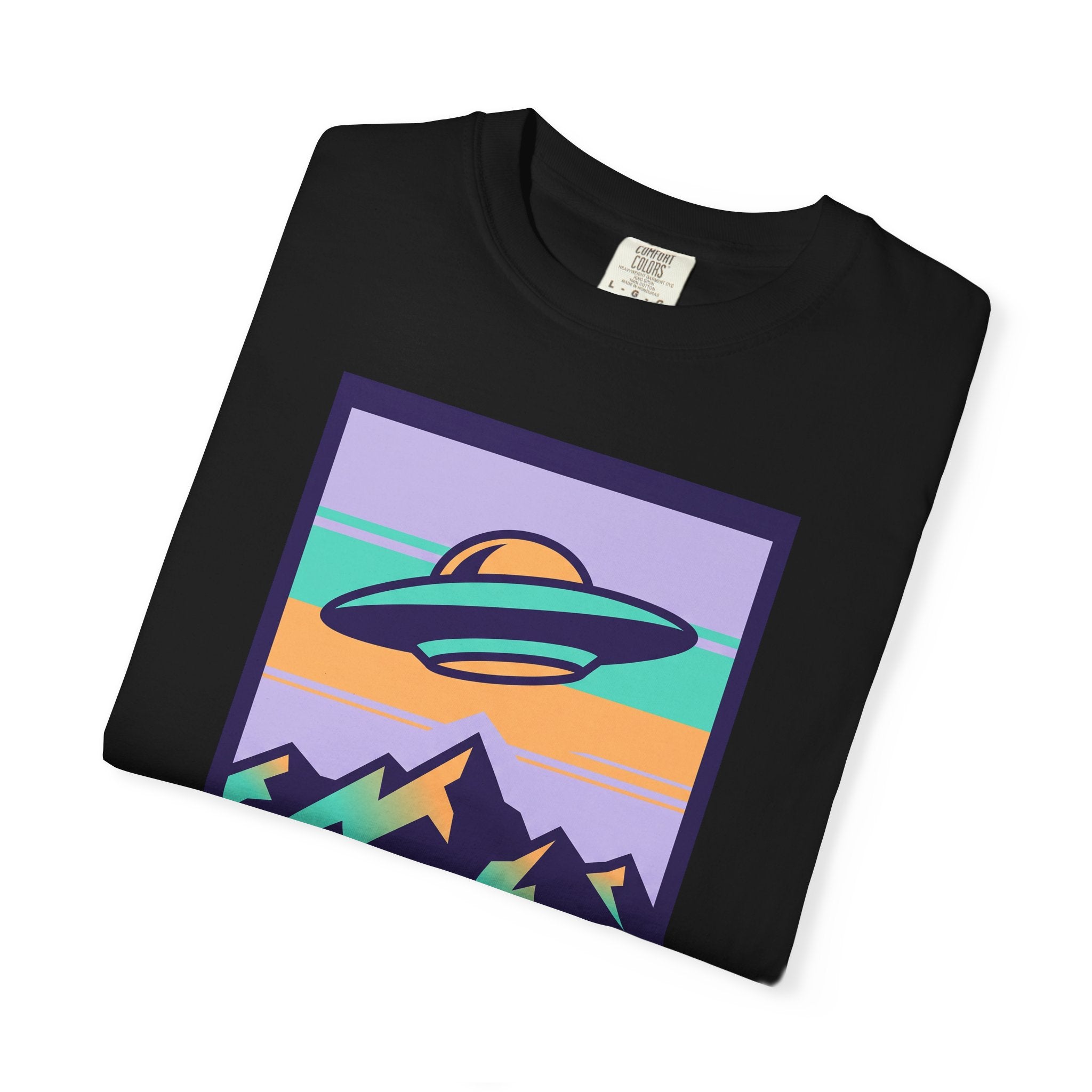 Black T-shirt with retro UFO and space landscape graphic on the chest
