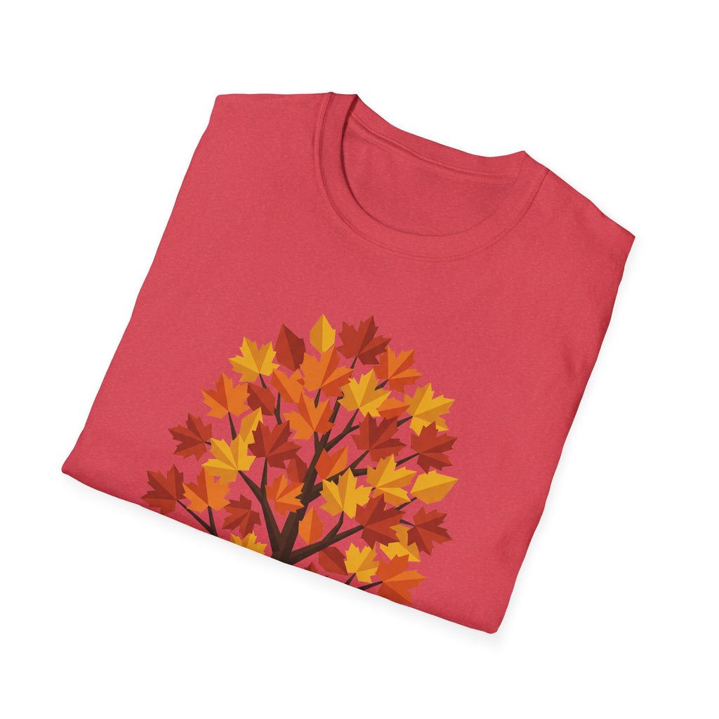 Rotes T-Shirt mit Ahornblatt-Baum-Graphic in Orange, Gelb und Rot