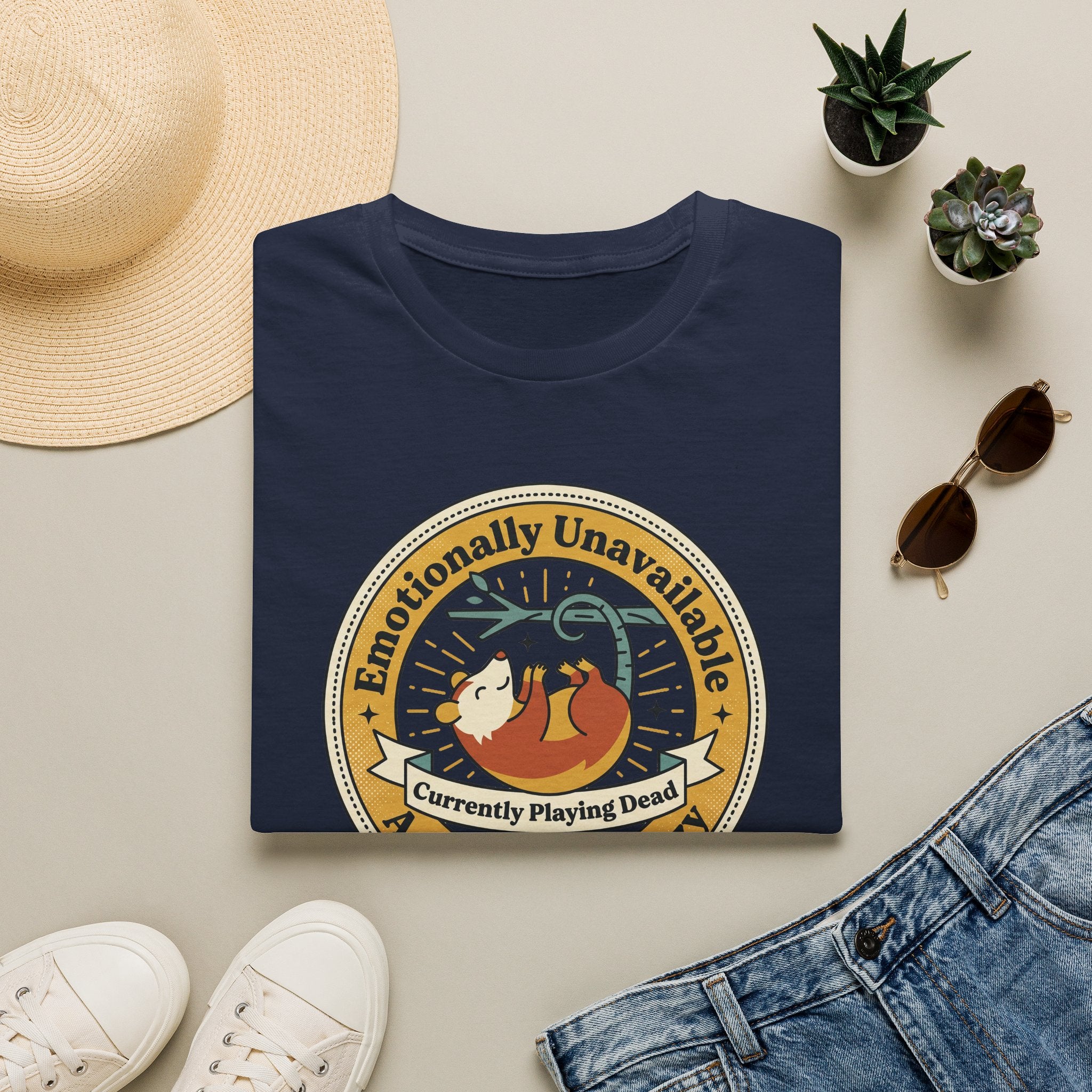 Navy sloth graphic T-shirt with round "Currently Playing Dead" logo