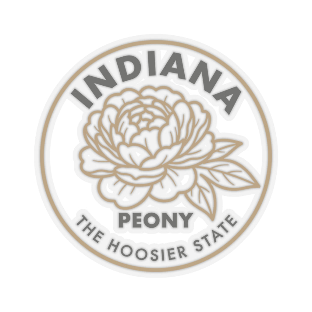 Round transparent vinyl peony sticker with 'INDIANA' lettering and flower design