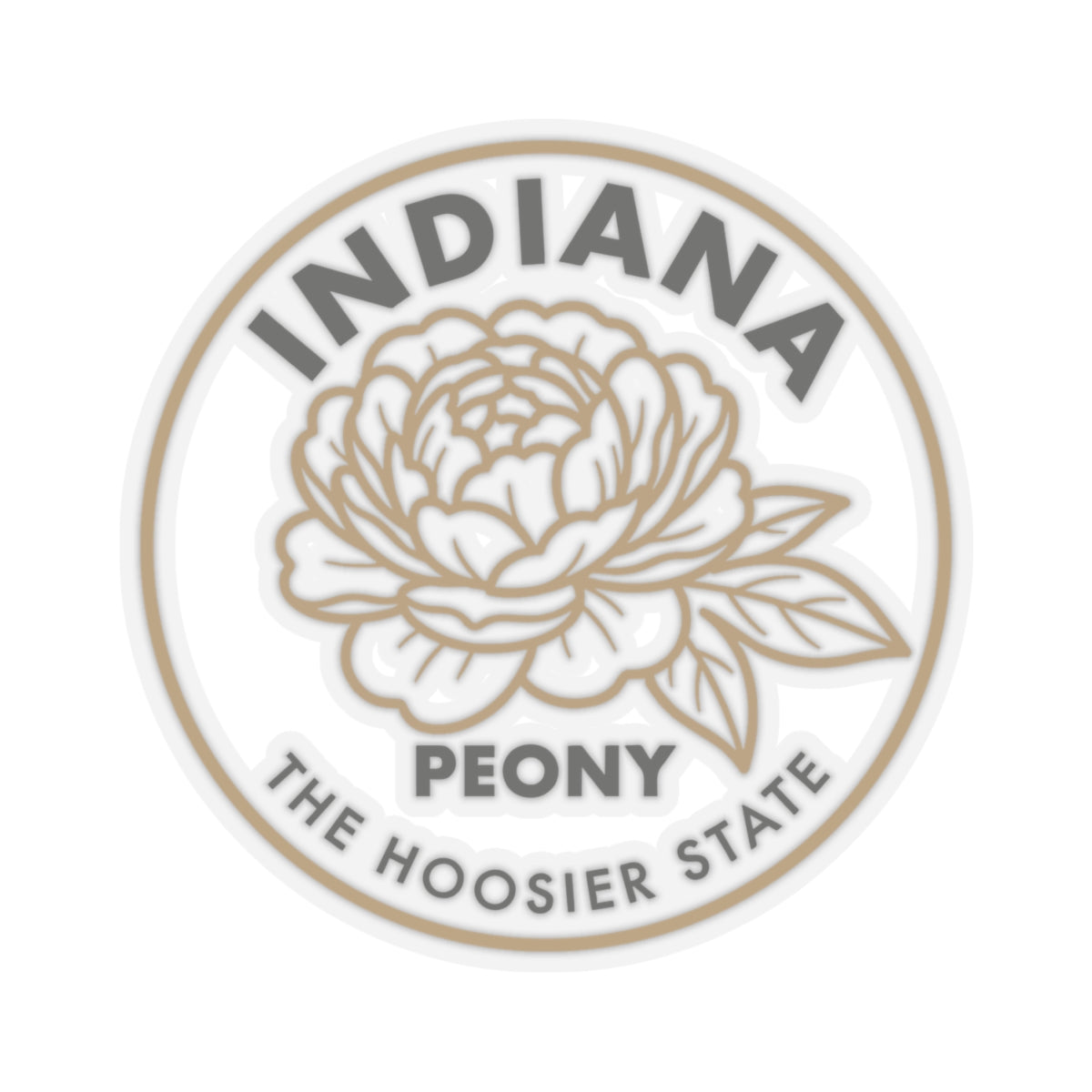 Round transparent vinyl peony sticker with 'INDIANA' lettering and flower design