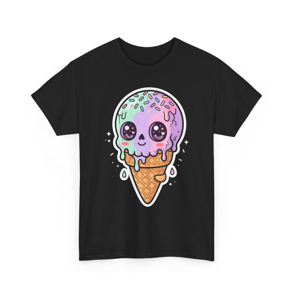 Black T-shirt with kawaii melting ice cream cone face graphic.