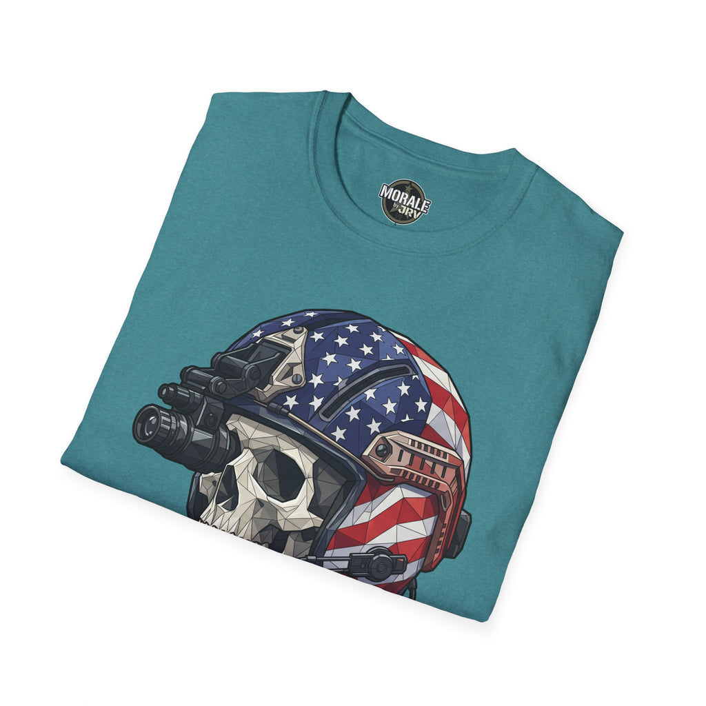 Tactical skull helmet T-shirt in teal with American flag helmet skull graphic