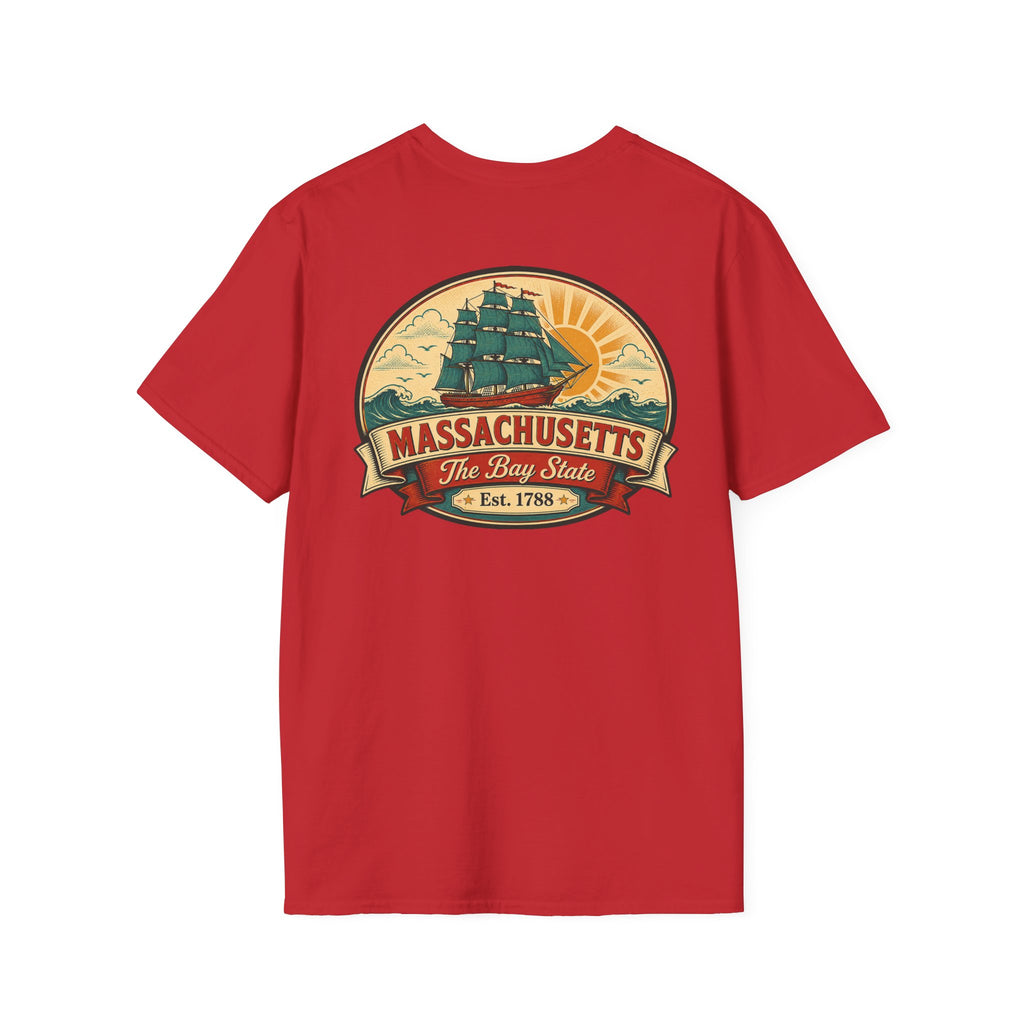 Red Massachusetts T-shirt with circular Bay State logo graphic on front